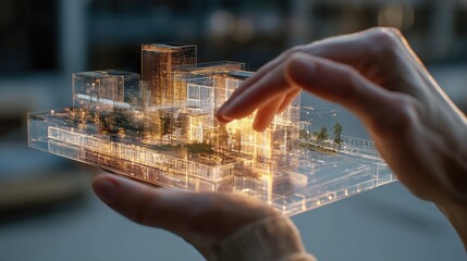 Hands holding glowing holographic smart city model, futuristic urban innovation and sustainable technology concept for modern development