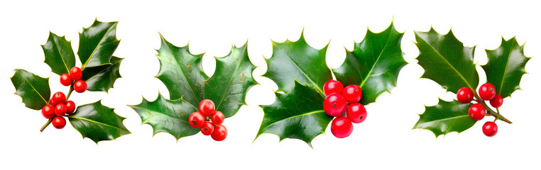 Green holly leaves with red berries isolated on white background, symbol of Christmas, winter holiday and festive decoration