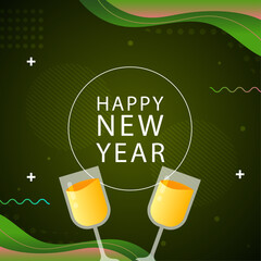 Elegant New Year's Eve celebration with a champagne toast on a modern dark green background design