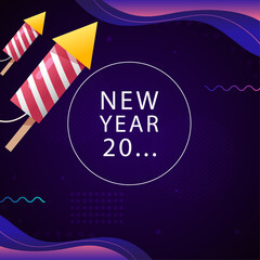 New Year's Eve fireworks celebration illustration with festive rockets against a dark purple gradient background