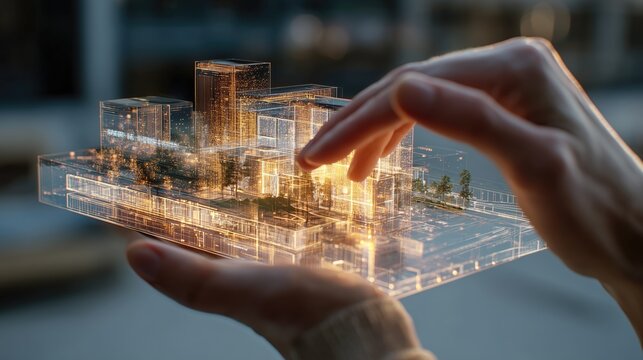 Hands holding glowing holographic smart city model, futuristic urban innovation and sustainable technology concept for modern development