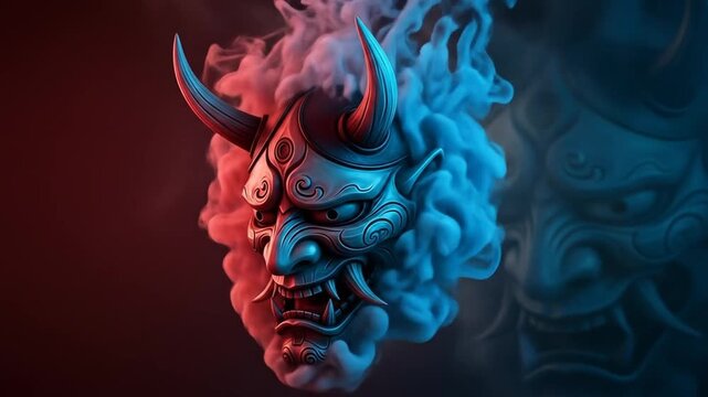 Dramatic Neon Mask Smoke Reveal Mystical Oriental Hannya Demon Oni Mask Abstract VFX Dark Background.