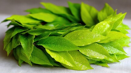 Fresh, vibrant green laurel wreath laid flat on white surface, close-up shot