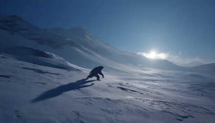 Enigmatic white cryptid silhouetted against dramatic glacial landscape, moving across pristine snow-covered mountain terrain with sharp sunlight casting dramatic shadows