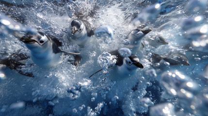 Obraz premium Emperor penguins diving underwater surrounded by icy blue bubbles, Antarctica marine life, sunlight rays filtering through ice penguins, antarctica, underwater, marine life, ice, o