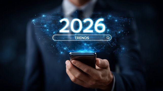 Businessman holding smartphone with glowing search bar showing "2026 Trends", futuristic business concept, innovation and digital technology, global market evolution and data insig
