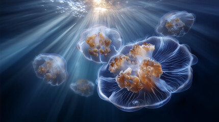 Giant jellyfish floating beneath Antarctic ice sheet with sunlight beams antarctica, jellyfish, underwater, glowing, ice, sunlight, marine life, cold sea, beauty, wildlife