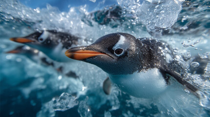 Gentoo penguins swimming near iceberg underwater view penguins, gentoo, antarctica, underwater, iceberg, ocean, wildlife, cold water, realistic, marine world