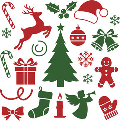 Christmas Icons Set with Tree, Reindeer, Santa Hat, Bells, Gifts, Candy, Angel, Snow