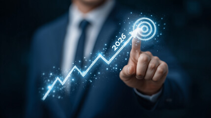 Naklejka premium Businessman drawing glowing arrows pointing upward toward 