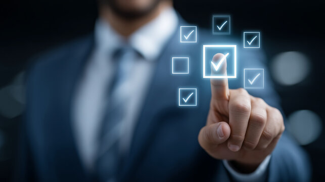 Futuristic concept of businessman checking virtual boxes on holographic interface, symbolizing success, organization, productivity and modern digital workflow task management, prod