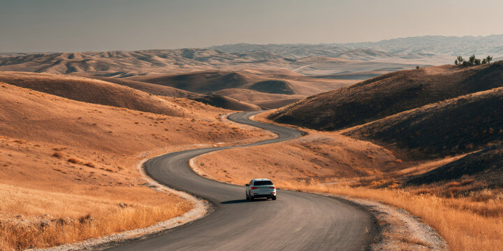 White car driving on a serpentine road through dry, rolling hills. Journey with an endless road. Travel and adventure concept for discovery.