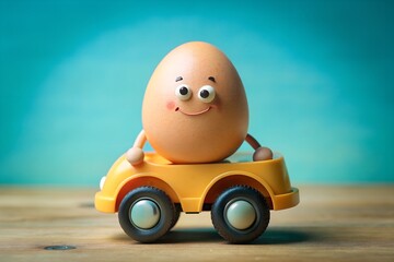 Funny egg character driving a toy car with a happy face and arms