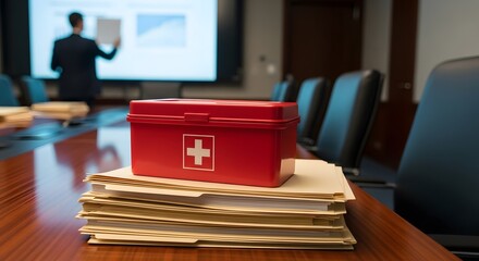 Business contingency planning with first aid kit on documents in boardroom for crisis management and workplace safety, proactive risk mitigation