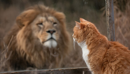 cat watches its reflection in a mirror, a reflection of a lion