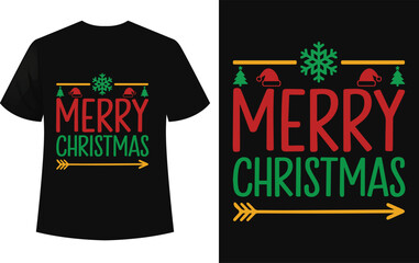 Merry Christmas T-Shirt Design with Snowflake, Tree, Hat, Arrow, Red and Green Colors