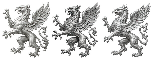 PNG Three silver griffins standing proudly, element set on transparent background