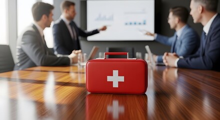 Business continuity planning showing a first aid kit for a company meeting, emphasizing employee wellbeing, and business resilience in a modern office