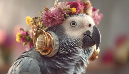 Fototapeta premium Parrot with gold headphones and flower crown enjoys music in bright studio setting