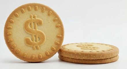 Golden cookie coin with embossed dollar sign on a white finance background