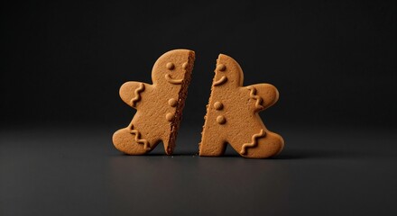 Two smiling halves of a broken gingerbread man on a black studio background