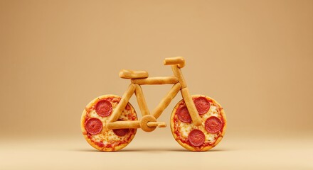A bicycle made of breadsticks with pepperoni pizza wheels for fast delivery