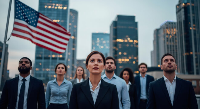 Diverse group of business people standing and looking up with an American flag in the background. Patriotism and unity in the corporate world.