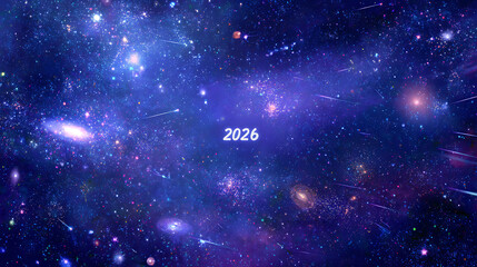 2D cosmic scene with "2026" written in glowing stars, galaxies and shooting stars around, deep blue outer space aesthetic