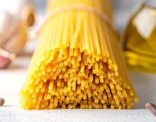 Close-up shot of uncooked spaghetti tied together with twine