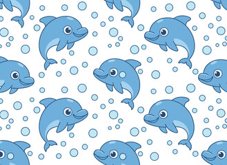 Obraz premium A seamless blue pattern featuring a dolphin family against a cute background, celebrating sea life