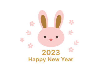 Wishing you a happy 2023 New Year, featuring the Chinese rabbit zodiac sign, floral motifs, a rabbit, a Chinese background, a holiday banner, and a pink‑gold design