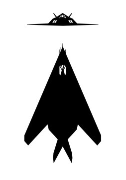 Silhouette of the F-117 Nighthawk fighter jet, top and front view. Suitable for designs related to military aviation and US Army weapons. US military aviation