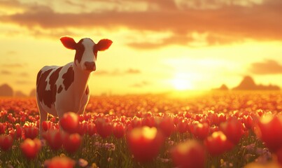 Scenic sunset over a vast tulip field with rows of bright red and yellow flowers, soft golden light enhancing the vibrant tones, clean and serene rural landscape, sharp and vivid,