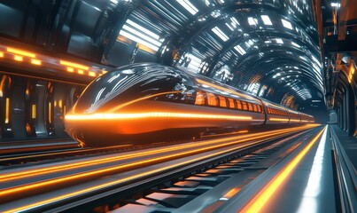 Scenic railway station with vibrant orange trains speeding by, bright artificial lighting creating dynamic lines and depth, futuristic transportation vibe,