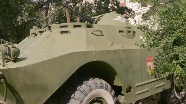 An old soviet infantry fighting vehicle (IFV) is standing for display in the yard of Military History Museum of Almaty, Kazakhstan