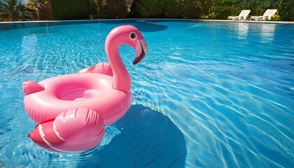 pink inflatable flamingo float in blue turquoise swimming pool summer relaxation and vacation concept
