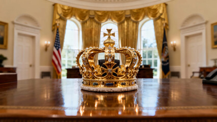 Golden crown on desk inside the oval office. No kings in america concept