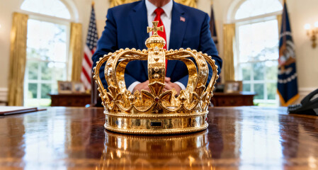 Golden crown on desk inside the oval office with american politician in background. No kings in america concept