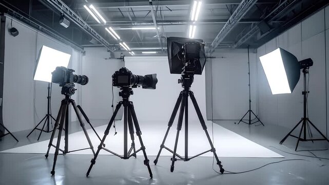 Professional Photography Studio Setup With Cameras and Lights on Tripods in a Bright White Space
