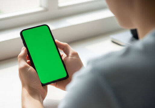 Modern man holding smartphone with chroma key screen near window, ideal for app promotion or digital marketing campaign visuals with customizable content