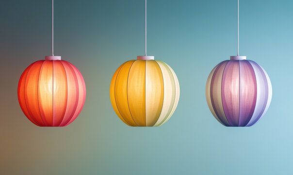 Set of brightly colored decorative paper lanterns hanging from a ceiling, vibrant hues creating a playful atmosphere, soft glowing light, clean festive decor concept, sharp detail,