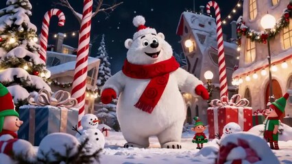 Smiling Cartoon Polar Bear with Red Scarf and Hat Dancing in Christmas Village Surrounded by Gifts and Snowmen and Elf - Powered by Adobe