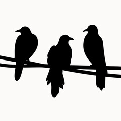 Three black birds silhouetted on a wire against a white background in a minimalist design style image
