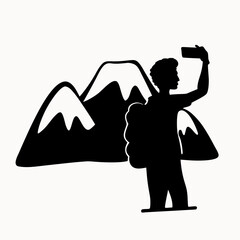 Silhouette of a hiker taking a selfie with mountains in the background on a white surface scene view