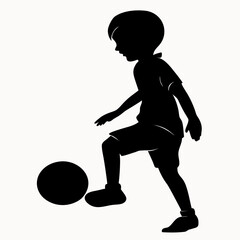 Silhouette of a young boy playing soccer and dribbling the ball with his foot on a white background