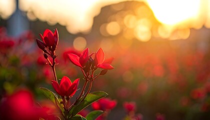 Crimson flowers illuminated by golden sunlight in a blurred meadow