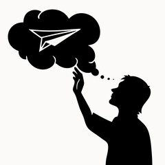 Silhouette of a man reaching for a thought bubble containing a paper airplane illustration in black and white