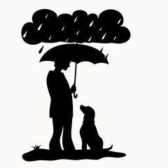 Silhouette of person holding umbrella with dog under rain cloud in black and white style image design
