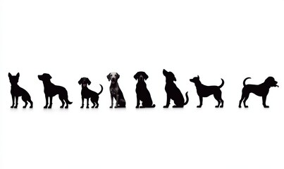 Silhouettes of different dog breeds arranged on a clean white background, minimalist design with high contrast tones creating a pet identification chart, stylish presentation,