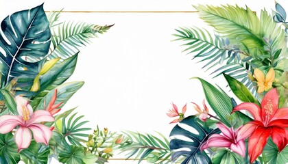 watercolor tropical plants and flowers in asymmetrical frame